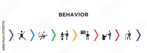 behavior filled icons with infographic template. glyph icons such as man warming up, man falling, man doing pottery, presentation whiteboard, washing hands, old walking vector.