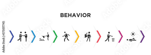 behavior filled icons with infographic template. glyph icons such as two friends, watering plants, man running, singer with microphone, throwing trash, man sunbathing vector.