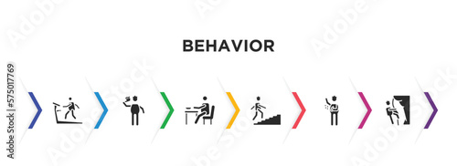 behavior filled icons with infographic template. glyph icons such as man on treadmill, brushing teeth, man eating, climbing stairs, man spraying deodorant, climbing vector.