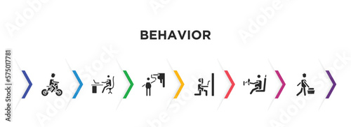 behavior filled icons with infographic template. glyph icons such as man riding bicylce, man working at desk, man painting wall, welding, driving, shopping vector.