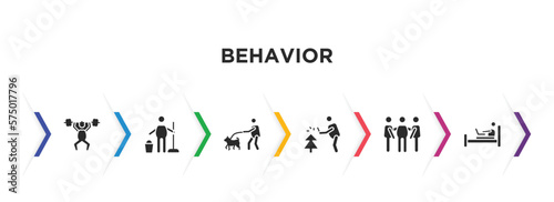 behavior filled icons with infographic template. glyph icons such as man lifting bar, cleaner man, walking the dog, prune hedge, three men conference, laptop chatting on bed vector.