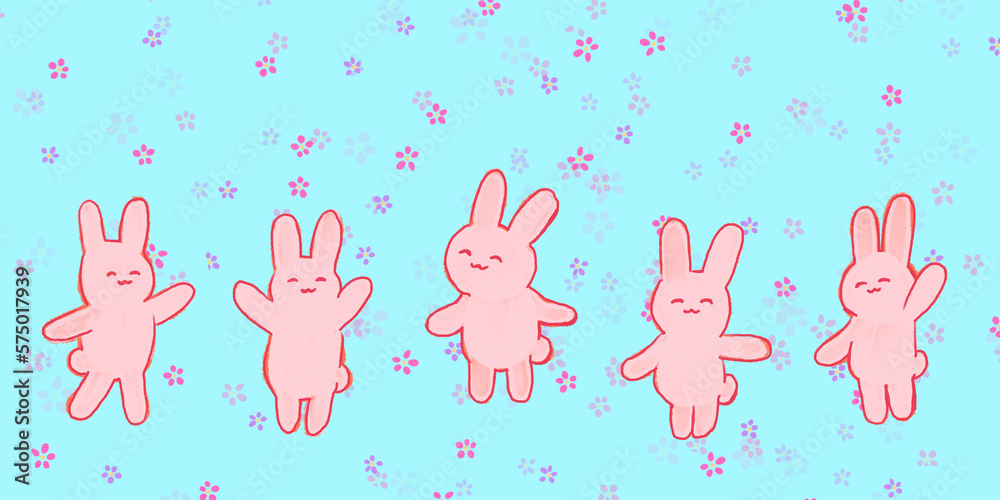 笑顔で並んだピンクのウサギ（花柄水色背景）
