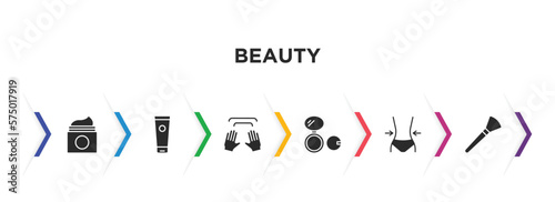 beauty filled icons with infographic template. glyph icons such as moisturizer, cream tube, massage, powder, women waist, inclined makeup brush vector.