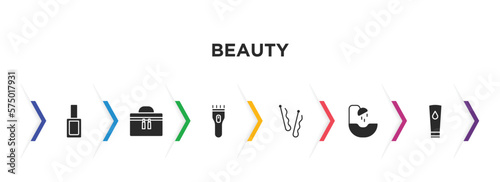 beauty filled icons with infographic template. glyph icons such as nail polish, big makeup box, hair clipper, bobby pins, hair washer sink, face cleanser vector.