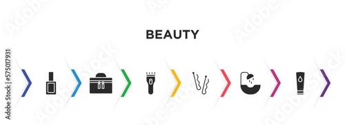 beauty filled icons with infographic template. glyph icons such as nail polish, big makeup box, hair clipper, bobby pins, hair washer sink, face cleanser vector.