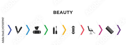 beauty filled icons with infographic template. glyph icons such as hair straightener, wet wipes, mascara, barber shop, beauty salon chair, comb vector.