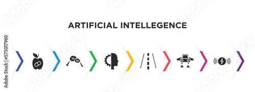 artificial intellegence filled icons with infographic template. glyph icons such as synthetic food, speech bubble, cyborg, road, fyling vehicle, wireless charging vector.