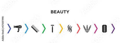 beauty filled icons with infographic template. glyph icons such as hairdryer facing left, inclined comb, razor, hair, pencils, big razor blade vector.