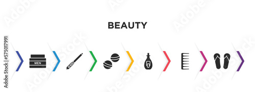 beauty filled icons with infographic template. glyph icons such as men cream, curling wand, bath salts bomb, nail polish removal, hairbrush, two flip flops vector.
