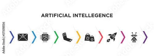 artificial intellegence filled icons with infographic template. glyph icons such as mail, chip, mobile flexible display, shopping bag, rocket, robots vector.