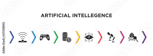 artificial intellegence filled icons with infographic template. glyph icons such as infrared, gaming, coins, eye tracking, prosthesis, microbots vector.