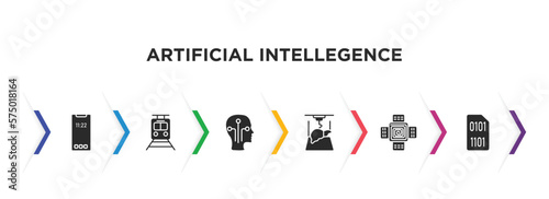 artificial intellegence filled icons with infographic template. glyph icons such as smartphone, train, humanoid, organ printing, nano sensor, binary vector.