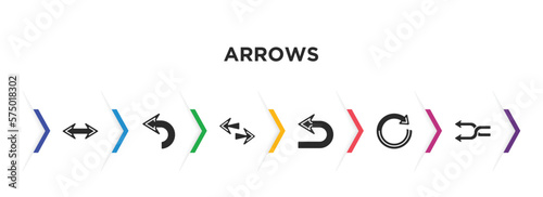 arrows filled icons with infographic template. glyph icons such as horizontal arrows, backward arrow, left right, return, refresh, no shuffle vector.