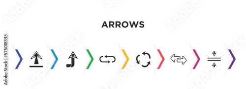 arrows filled icons with infographic template. glyph icons such as underline up arrow, upward, loop arrows, repeat, transfer, vertical merge vector.
