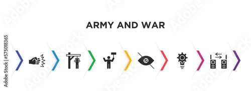 army and war filled icons with infographic template. glyph icons such as assault, torture, revolt, stealth, strategy, two way radio vector.
