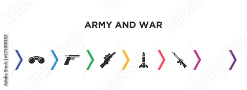 army and war filled icons with infographic template. glyph icons such as bunker, binoculars, gun, rifle, missile, automatic gun vector.
