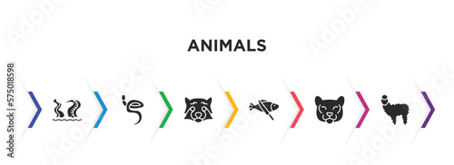 animals filled icons with infographic template. glyph icons such as kraken, blindworm, red panda, fish and a knife, cougar, alpaca vector.