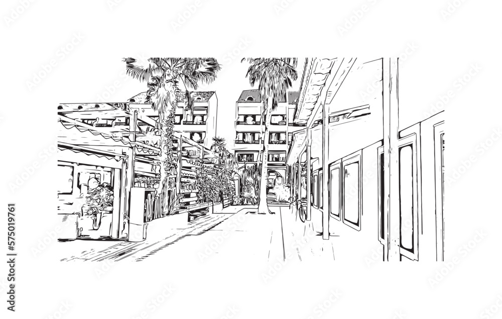 Building view with landmark of Playa de las Americas is a city in  Spain. Hand drawn sketch illustration in vector.