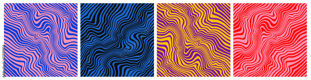 Set of Wavy Seamless Trippy Patterns in Psychedelic Colors. Abstract Vector Swirl Backgrounds. 1970 Aesthetic Textures with Flowing Waves. Seventies Style, Groovy Background, Wallpaper, Print Set of Wavy Seamless Trippy Patterns in Psychedelic Colors. Abstract Vector Swirl Backgrounds. 1970 Aesthetic Textures with Flowing Waves. Seventies Style, Groovy Background, Wallpaper, Print