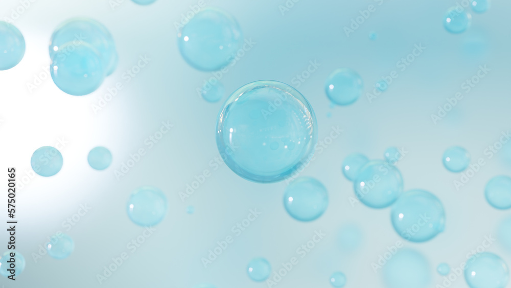 Attractive liquid essence for cosmetics on an abstract background. Realistic spheres and shiny bubbles appear in the background. Abstract 3D rendering