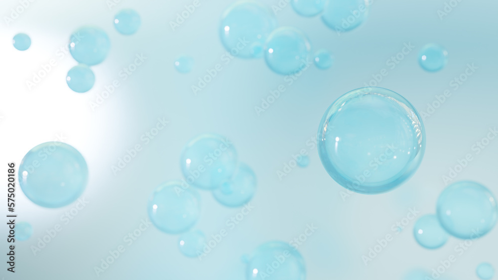 Beautiful cosmetic fluid flows on an abstract background. Realistic balls and shimmering bubbles are present in the backdrop. a 3D rendering of minimal abstraction