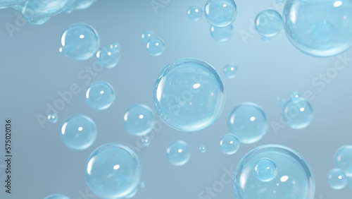 Cosmetic essence  a liquid bubble  and little particles in a liquid bubble on a water background. 3D rendering 