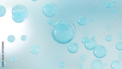 Attractive liquid essence for cosmetics on an abstract background. Realistic spheres and shiny bubbles appear in the background. Abstract 3D rendering