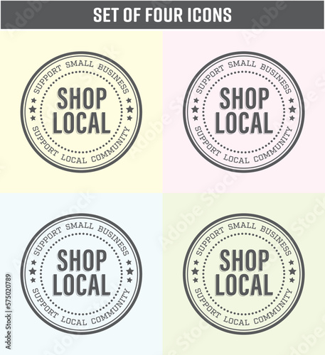 Set of Four Shop local, buy local Badges Icons. Shop small business concept. Flat vector illustrations Pastel colors with grey typography