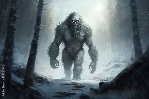 Yeti or abominable snowman walks through winter forest area. Neural network AI generated art photo