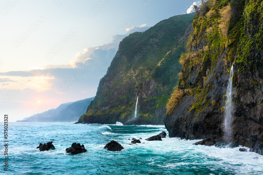 Beautiful view of Cascata do Veu da Noiva waterfall or Bridal Veil near Porto Moniz and Seixal. Madeira Island, Portugal