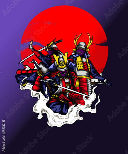 illustration design of three scary masked samurai knights