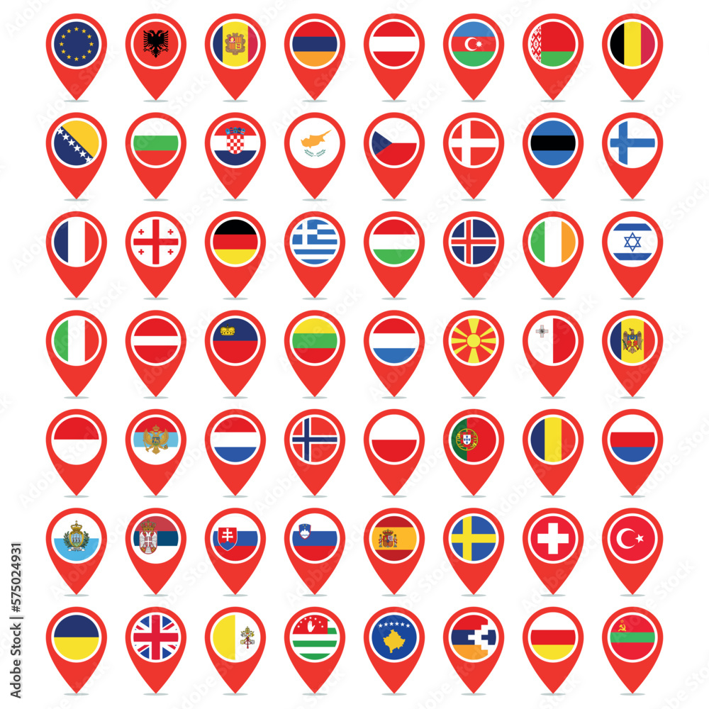 Set Of All Europe Flags Location Pins Set Of All Europe Flags Location Pins