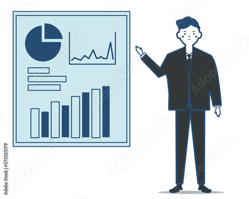 スライドで説明をする笑顔のスーツの男性 プレゼン 会議 ビジネスマン 爽やか グラフと経営戦略 ベクターイラスト