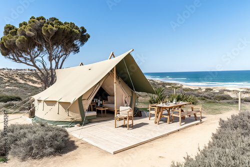 glamping in the beautiful place. luxury glamping. glamorous camping. Generative AI