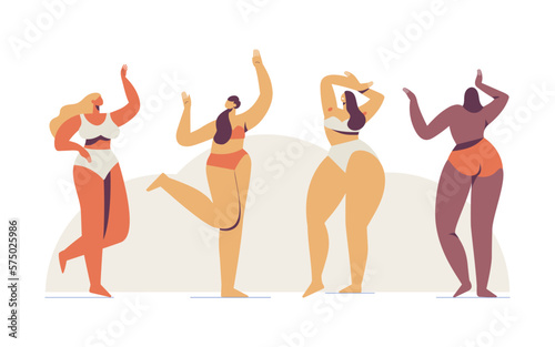 Body positive illustration of diffrent body types. Woman in underwear silhouette. Attractive women posing flat vector set.