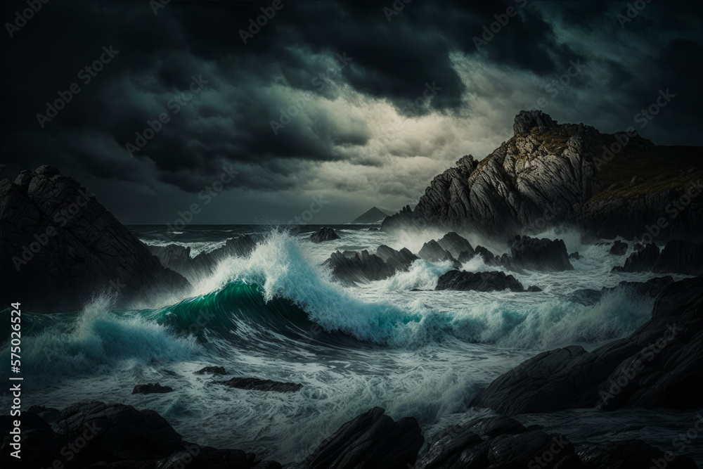 Dark stormy scene with waves crashing on rocks. Generative AI.
