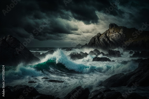 Dark stormy scene with waves crashing on rocks. Generative AI.