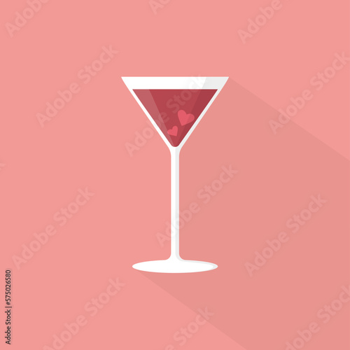 red cocktail in a glass with hearts on a pink background flat vector illustration 