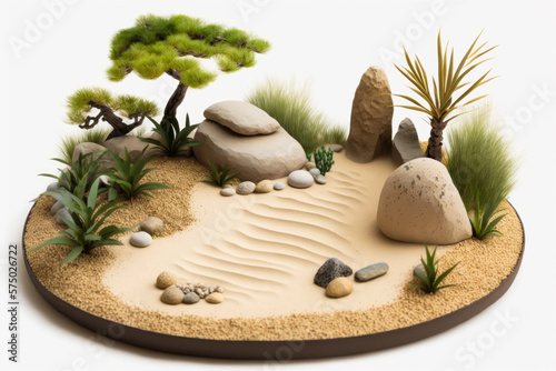 Miniature garden with rocks and plants. Generative AI.