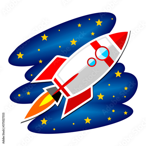 Cartoon rocket and stars in space sky. Vector on transparent background
