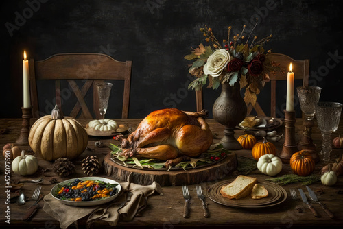 Thanksgiving table with turkey, pumpkins and other decorations. Generative AI.
