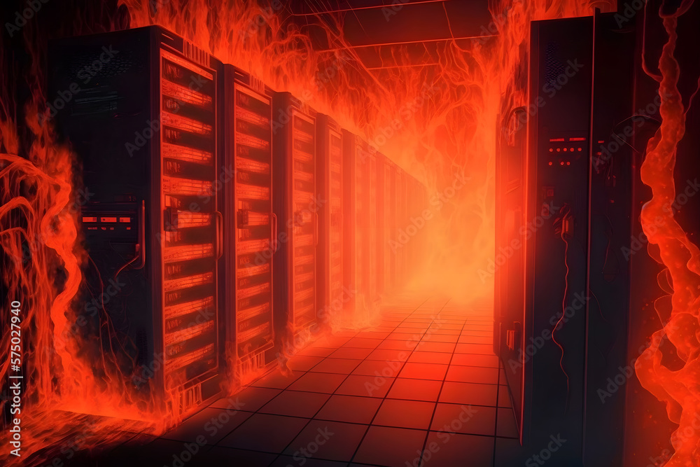 Disaster in server room or data center storage room on fire burning