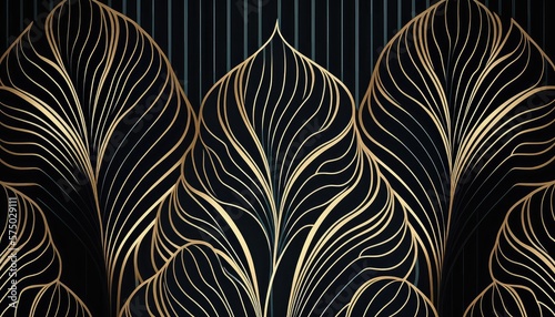Tropical golden leaves on black background, thin lines, luxury illustration background. Generative AI
