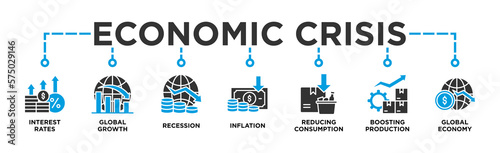 Economic crisis banner web icon vector illustration concept with icon of Interest Rates, Global Growth, Recession, Inflation, Reducing Consumption, Boosting Production, Global Economy