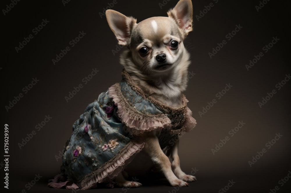 Chihuahua wearing a pretty historic dress against dark background. Generative AI