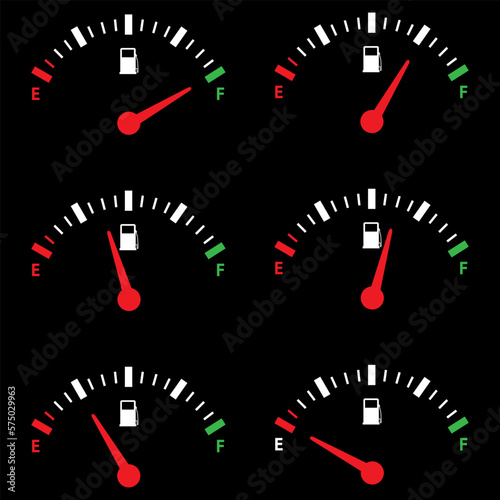 Set of Fuel gauge scales. Fuel meter. Fuel indicator. Gas tank gauge. Oil level tank bar meter. Collection Fuel gauge speedometer on a white background