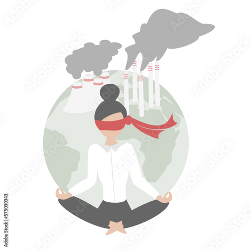 Business woman dressed in white shirt and blindfold sitting in lotus yoga position, ignoring the effects of global warming and pollution
