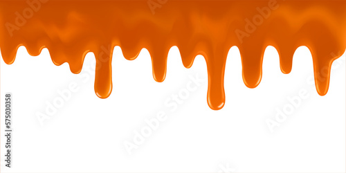  Realistic dripping caramel drops of sweet sauce isolated on white background. Seamless 3D toffee flows melted horizontal splash. Orange paint stains drawn. Vector illustration isolated on white
