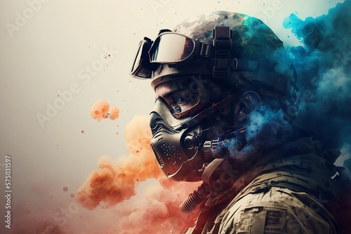 Close-up of a soldier's face in a combat mask during combat operations, generative AI