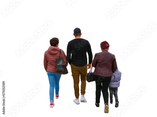 Photo Famille de quatre personnes dont un enfant vue de dos en promenade en tenue de printemps